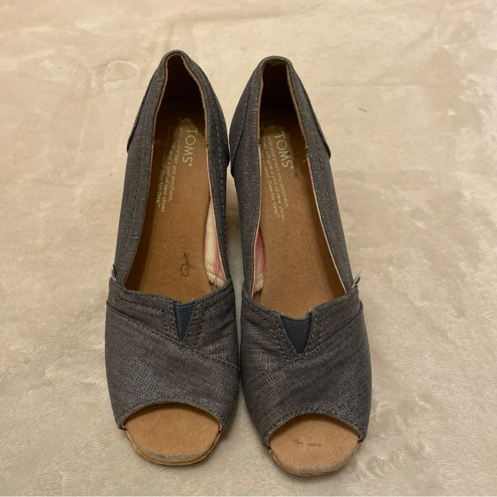 Toms Silver Sparkle Blue Denim Peep Toe Wedges with Cork Heel